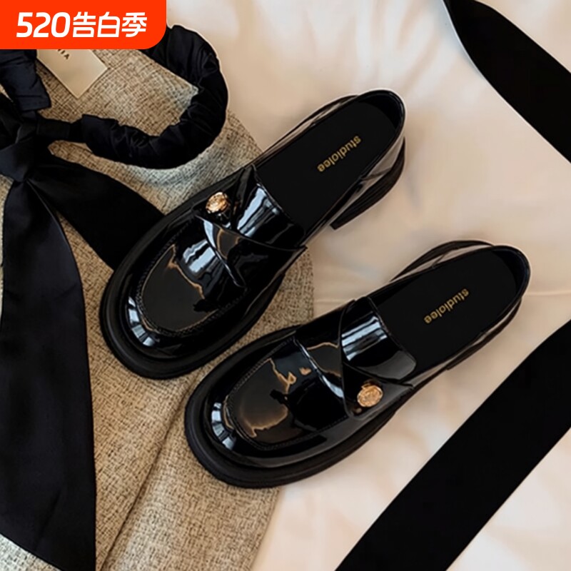 真皮版~小金币厚底乐福鞋女2024秋新款粗跟黑色英伦风小皮鞋单鞋