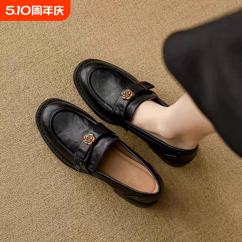 意尔康心选软底乐福鞋女2026夏季新款防滑防臭中跟单鞋复古小皮鞋
