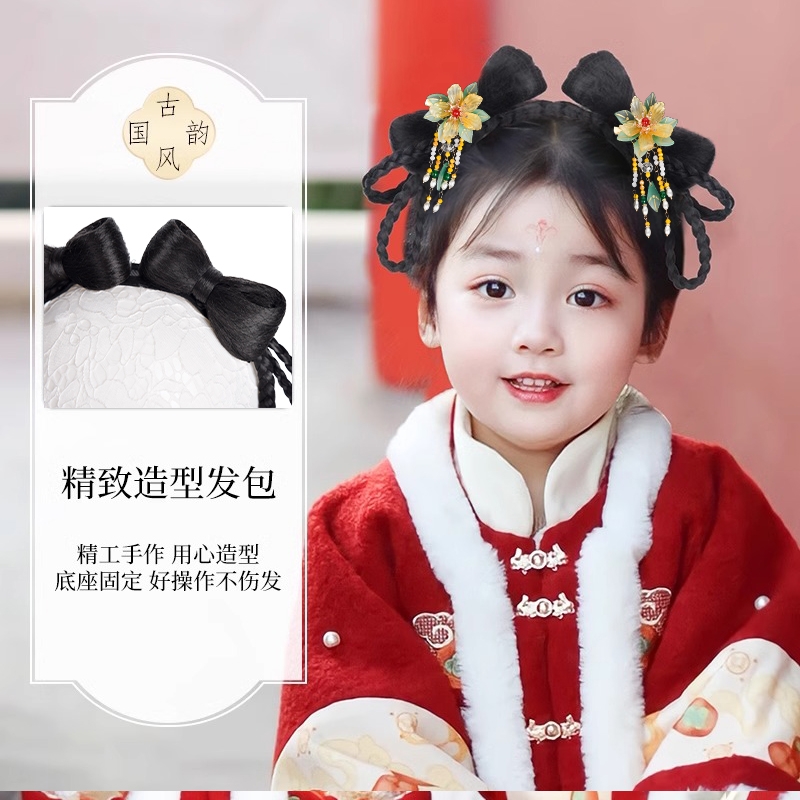 饰一体式发箍中国风儿童新年汉服假发包头女童拜年造型女辫子发髻