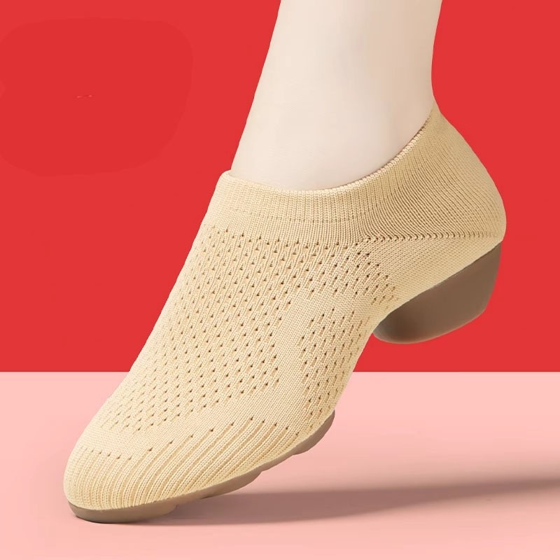 瑜伽广场舞鞋驼色飞织布教师舞蹈鞋女软底低跟成人形体芭蕾跳舞鞋