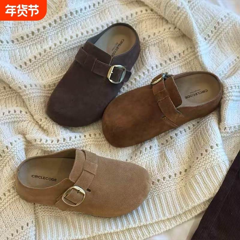 早秋新款复古勃肯半拖鞋2025厚底懒人一脚蹬包头鞋真皮休闲拖鞋女