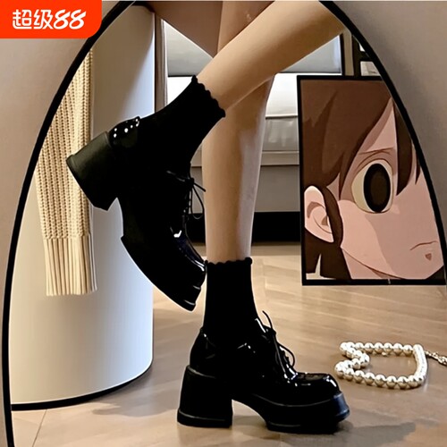 黑色厚底小皮鞋女款夏季增高粗跟玛丽珍鞋松糕学院英伦高跟乐福鞋