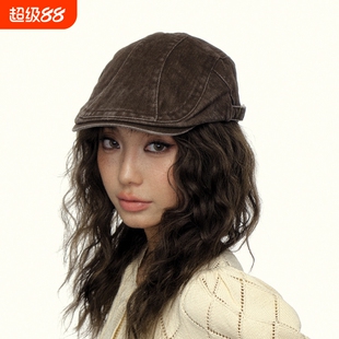帽檐复古水洗做旧牛仔前进帽子女辣妹鸭舌帽贝雷报童画家帽美式