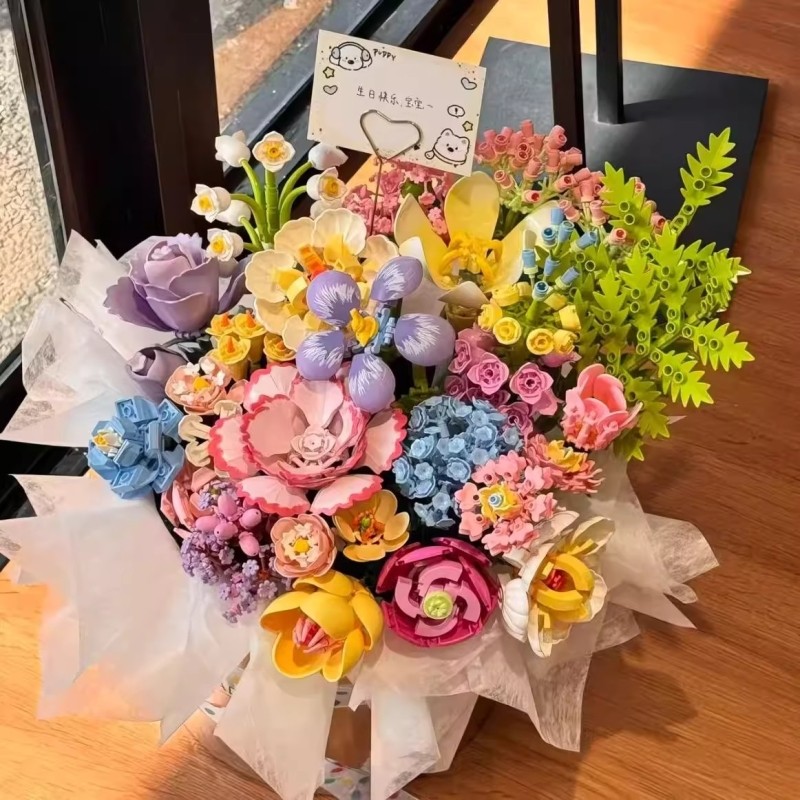 积木花抱抱桶七彩玫瑰花束手工diy盆栽拼装玩具送男女生节日礼物