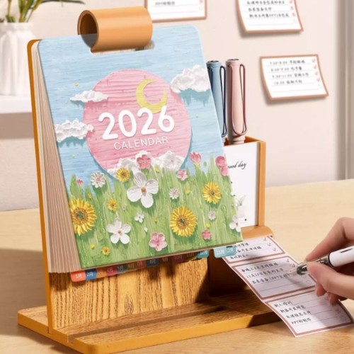 台历2026年新款日历桌面摆件马年创意木质带笔筒商务办公室工作自