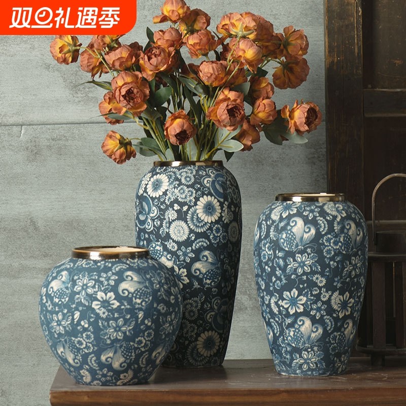 景德镇陶瓷青花台面手工花瓶中式手绘花器插花干花复古摆件装饰品