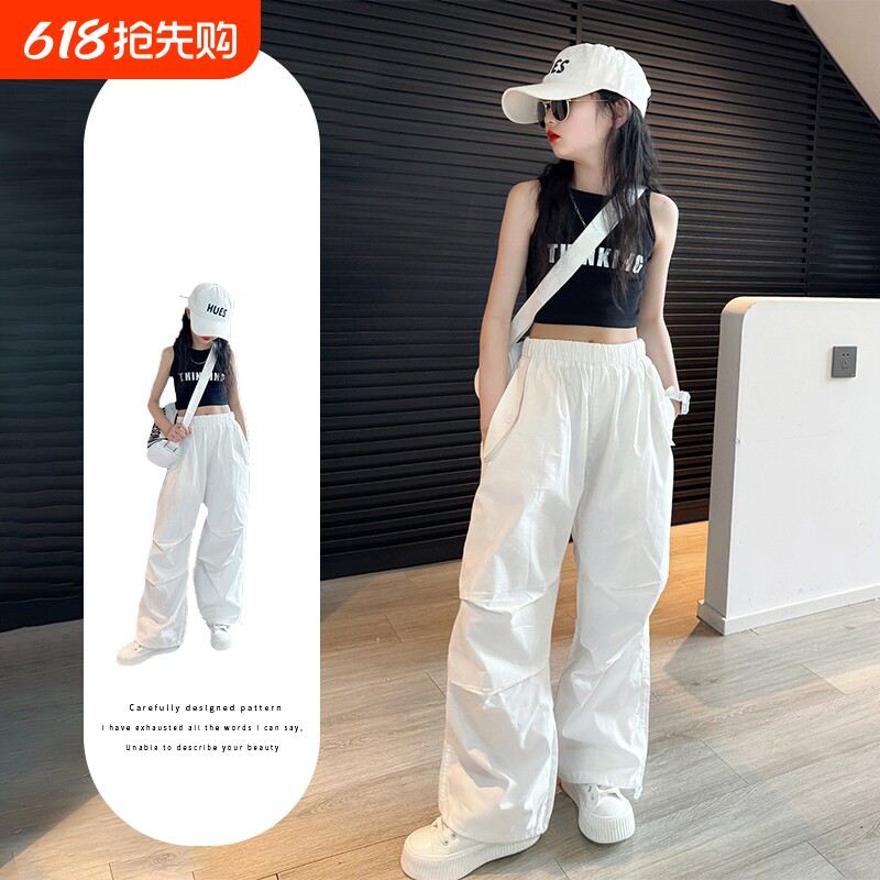白色工装裤女童韩版透气裤子夏装薄款2025新款夏季速干裤大套装