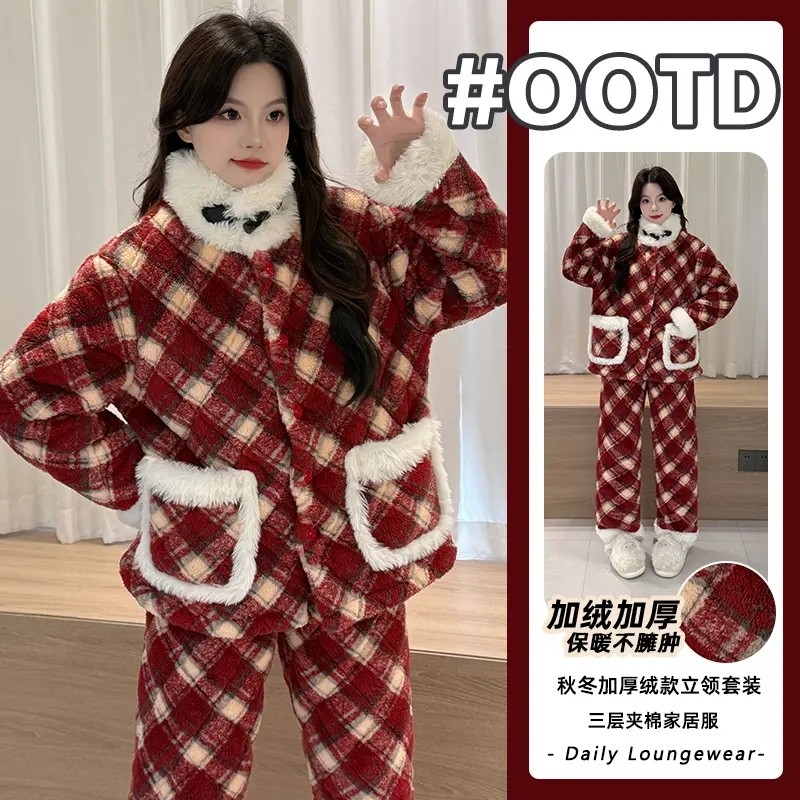 睡衣女冬季加厚三层夹棉2026新款珊瑚绒保暖女士可外穿家居服加绒