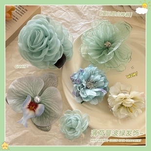 头花薄荷绿抓夹发饰2025新款簪花发夹侧边刘海夹发卡绿色花头饰女