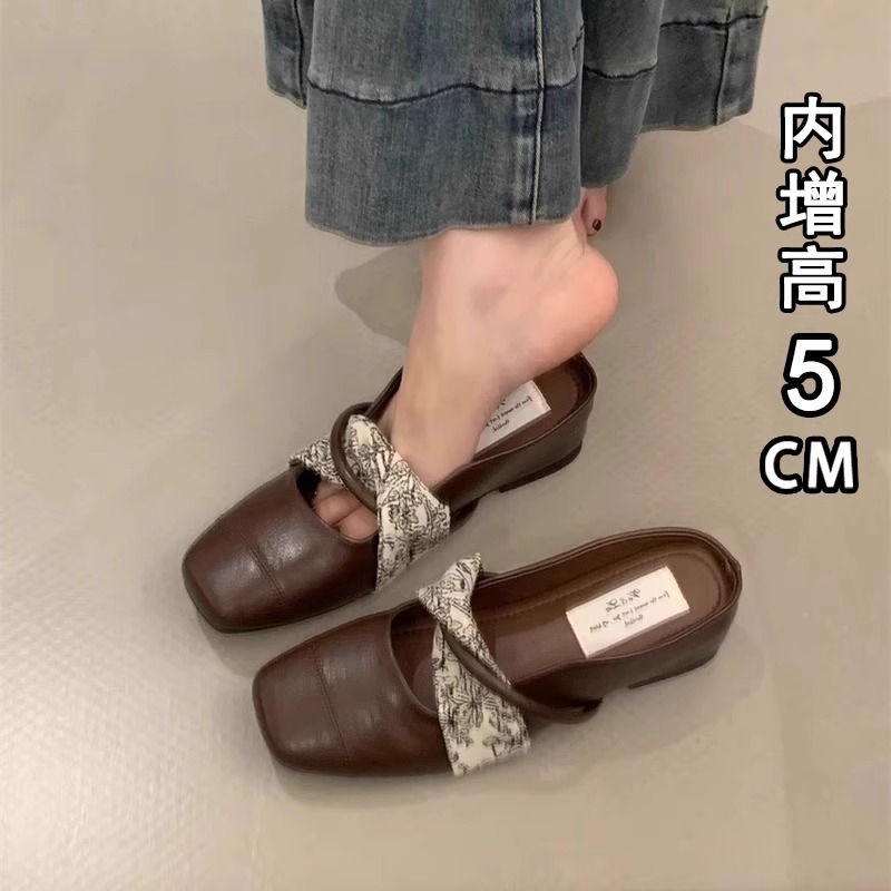 法式内增高包头半拖鞋女夏外穿2025新款一脚蹬高跟玛丽珍单鞋凉拖