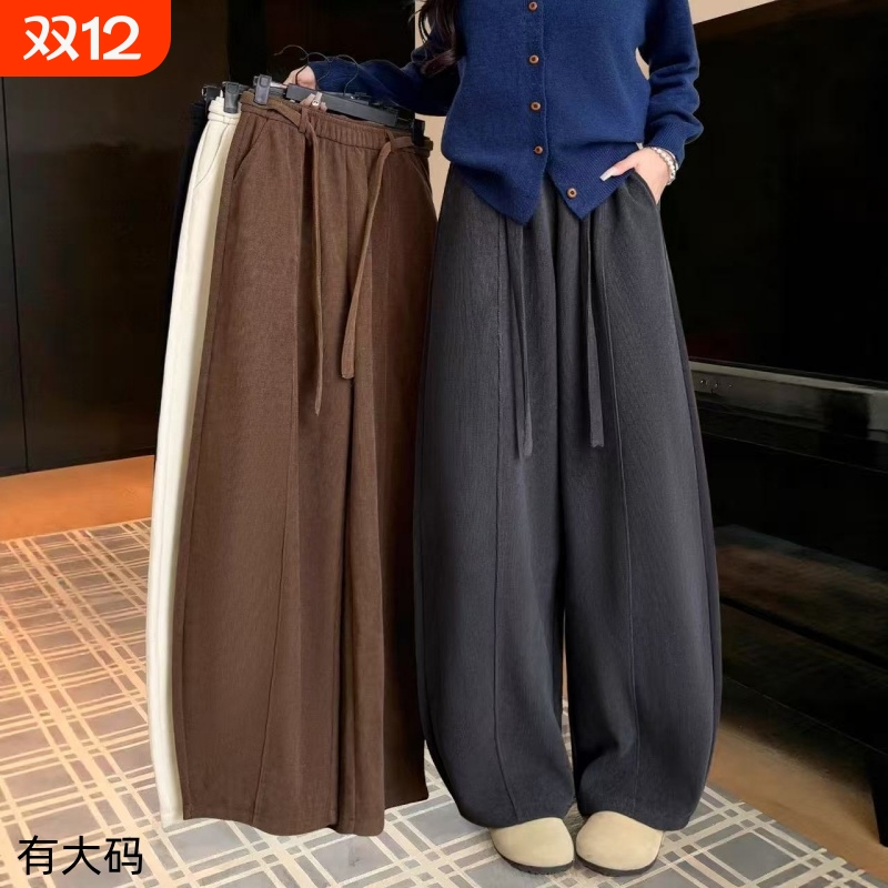 灰色加绒弯刀裤女2025新款秋冬灯芯绒裤子小个子宽松阔腿冬裤大码
