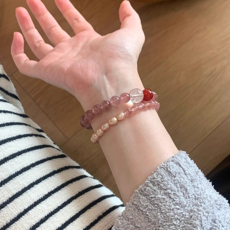 【元气满满】甜美小清新天然石草莓晶手链百搭红玛瑙淡水珍珠手串