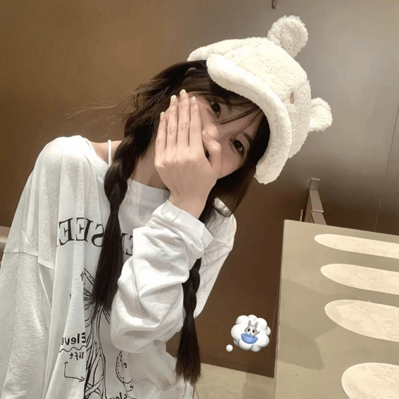韩版显脸小兔耳朵羊羔毛绒棒球帽子女秋冬季女爱心可爱甜妹鸭舌帽