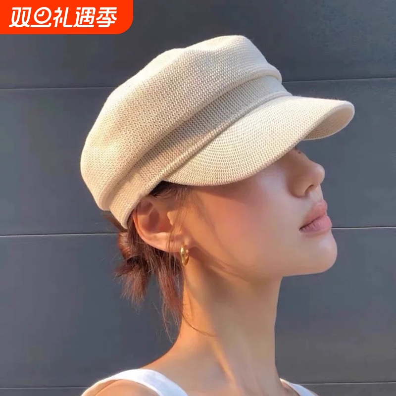 春秋季遮阳报童帽显脸小鸭舌帽女休闲简约画家帽白色黑色八角帽潮