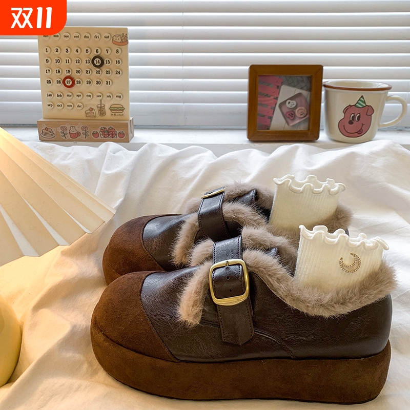 复古松糕厚底毛毛乐福鞋女2025秋冬季新款加绒雪地靴拼接勃肯棉鞋