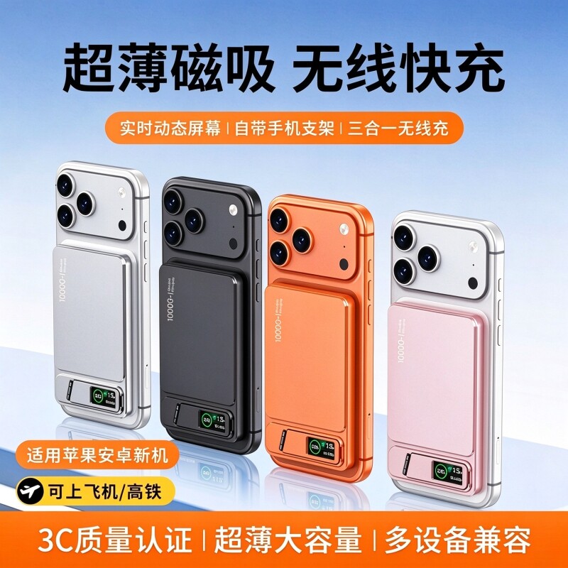 国标3C认证Qi2超薄磁吸无线快充20W移动电源苹果MagSafe外接电池冰磁控温充电宝大容量适用安卓背夹