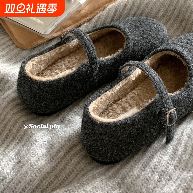 混色高级灰~法式玛丽珍毛毛鞋女秋冬外穿加绒单鞋勃肯鞋浅口圆头