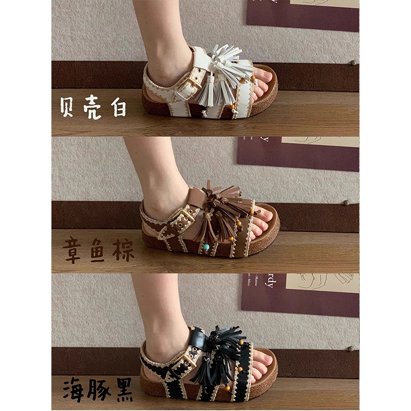 夏季真皮厚底勃肯鞋女2025香港新款外穿拖鞋复古设计镂空凉鞋中跟