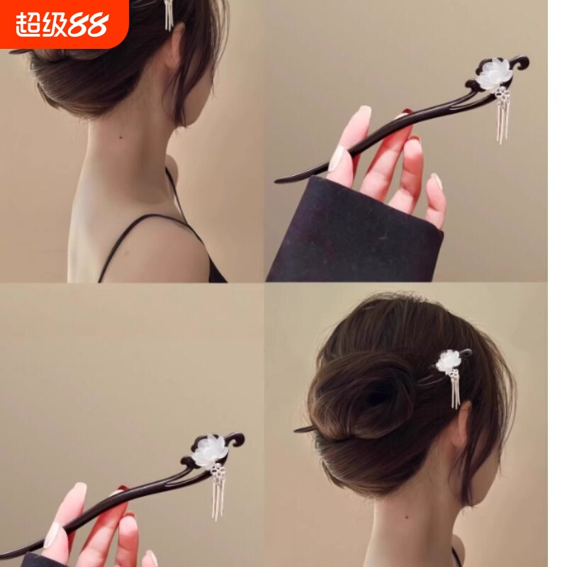 日常莲花檀木发簪中式步摇流苏盘发簪新古风高级感发钗盘发器双面