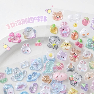 3D立体浮雕贴纸女孩儿童卡通动物宝石贴画钻石手机壳装饰水晶滴胶防水手帐颜值高透明贴贴纸水杯手机贴纸后壳