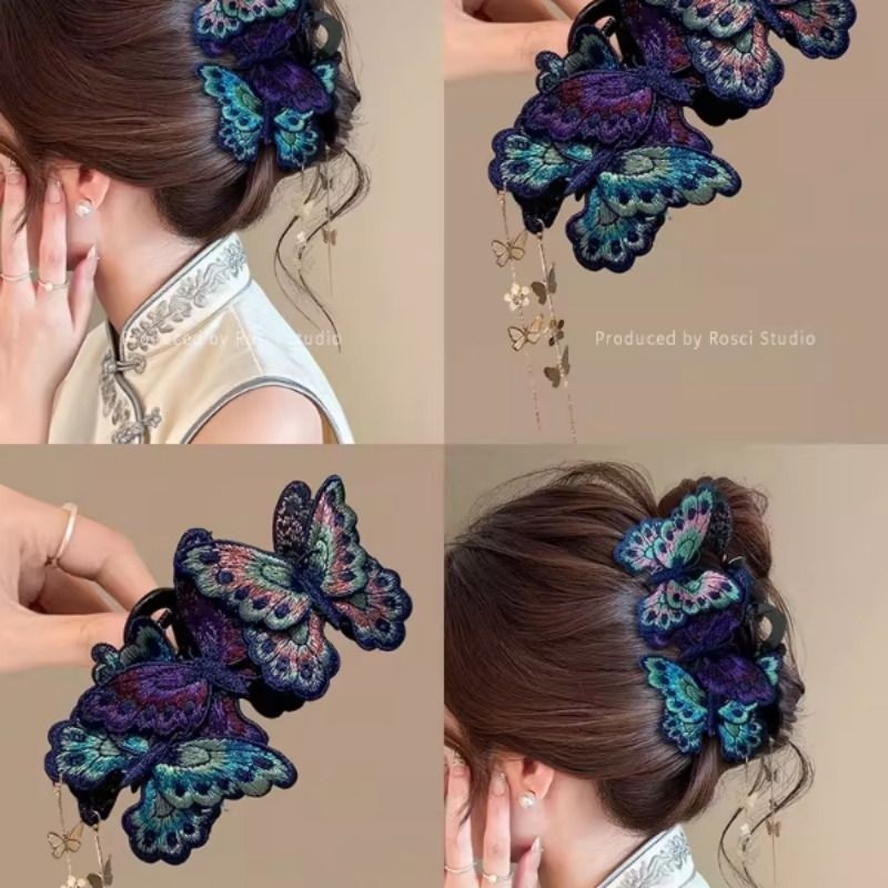 复古刺绣焕彩蝴蝶抓夹女流苏民族风2025新款盘发夹鲨鱼夹古风头饰