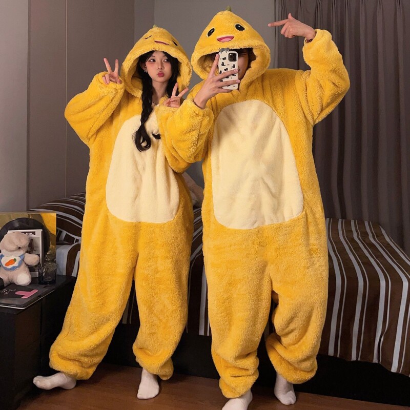 卡通奶龙连体睡衣男女情侣2026新款秋冬季加厚珊瑚绒亲子装家居服