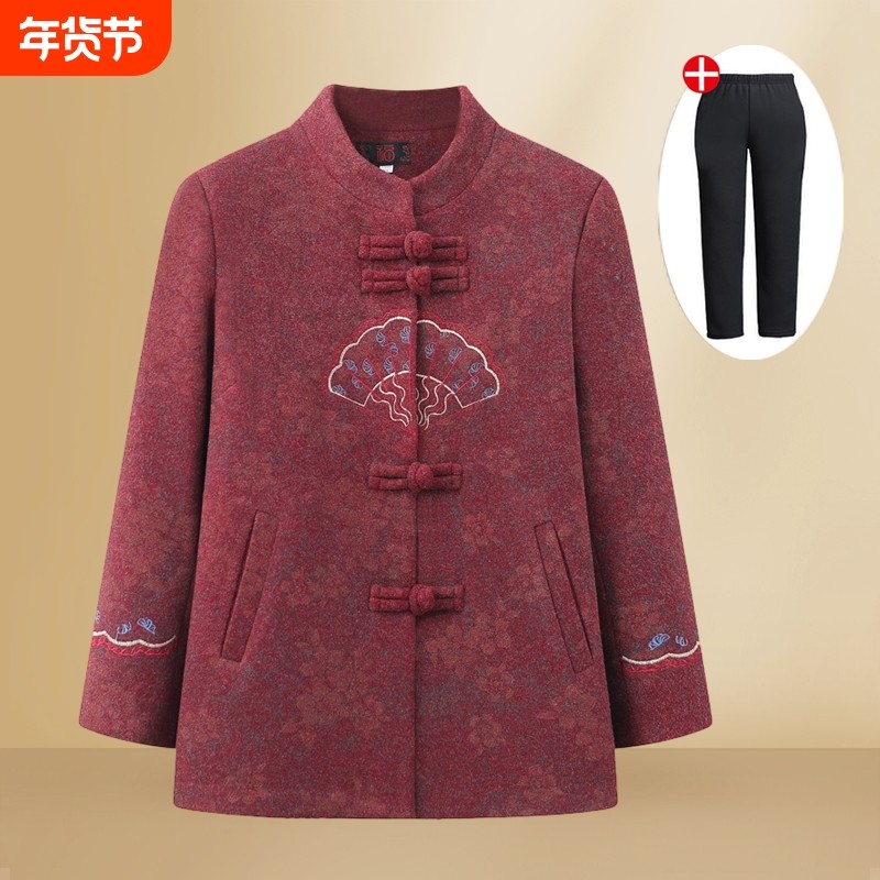 奶奶秋冬款外套中老年人唐装女装妈妈春秋款老太太毛呢上衣冬新款