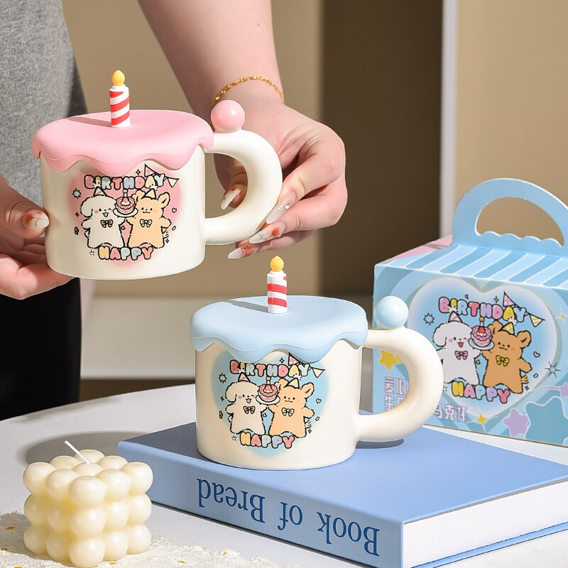 线条蛋糕小狗联名马克杯情侣女高颜值带盖卡通生日礼物杯子陶瓷杯