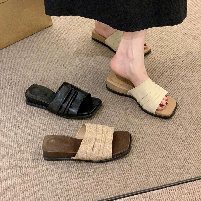 坡跟厚底亚麻拖鞋女夏外穿新款度假配裙子一字拖复古绝美方头凉鞋