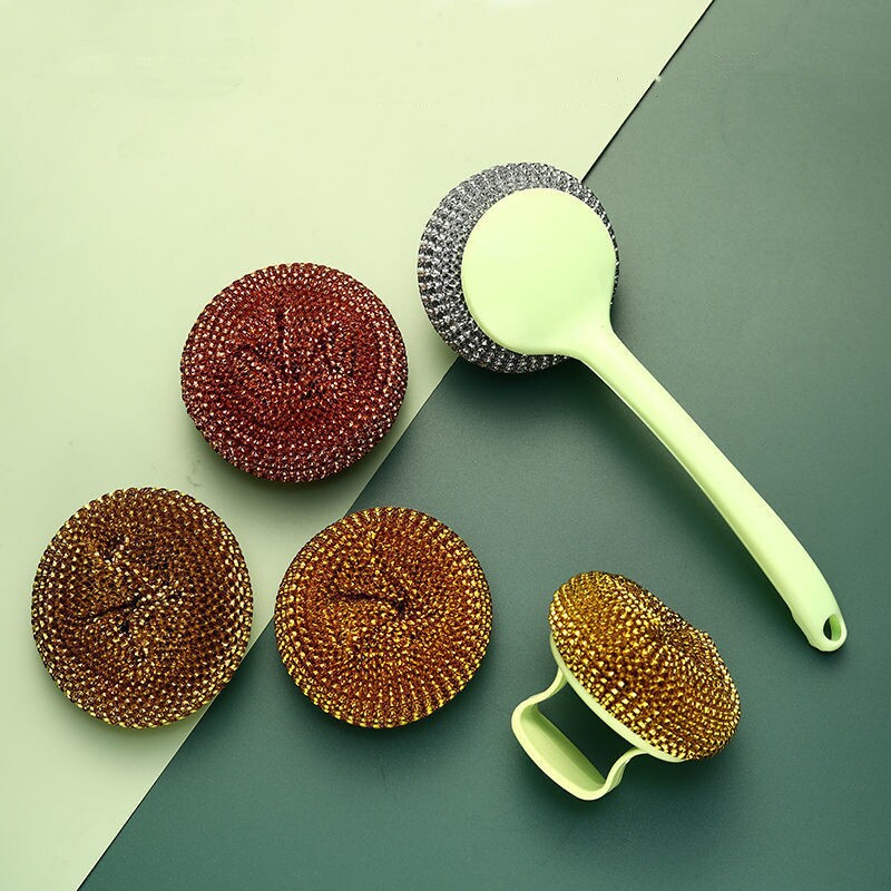 pet钢丝球长手柄洗碗锅带把刷子清洁球不伤手不粘锅去污刷家用图片