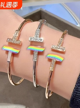 t家手镯双t克领导玄学t银手镯平替仿叠戴520礼物玫瑰金贝母白金