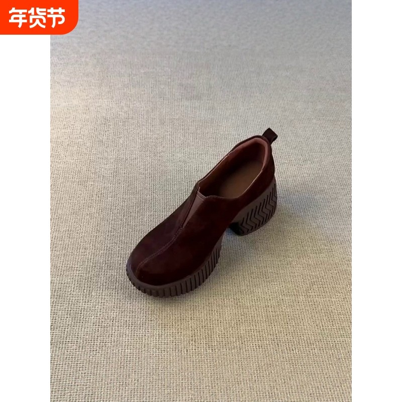 圆头厚底增高乐福鞋女2025年秋冬新款一脚蹬小皮鞋通勤单鞋高跟,女鞋,深口单鞋,淘宝优惠券,粉丝福利购,淘宝优惠卷