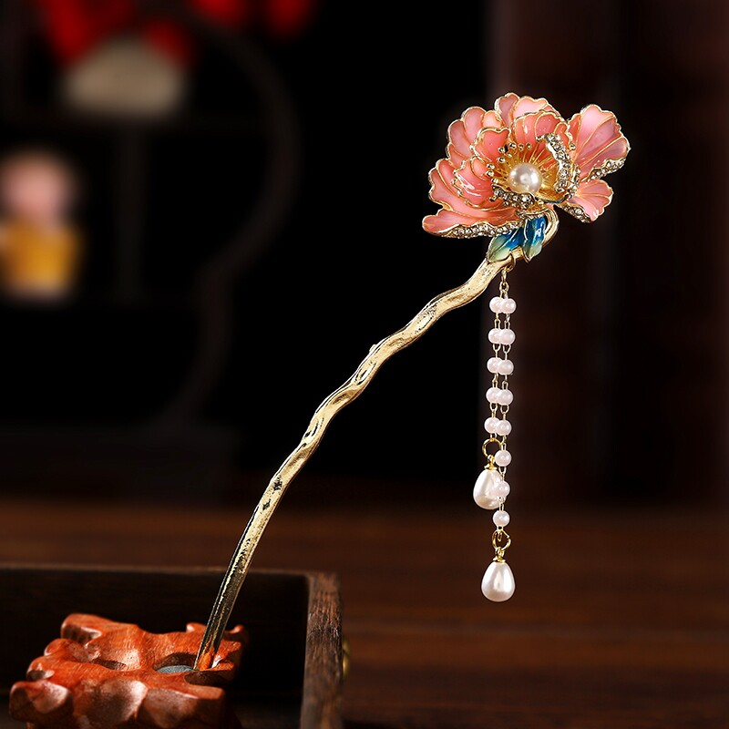 国风高档牡丹花发簪女新款步摇流苏盘发簪子U型发卡新中式发钗子