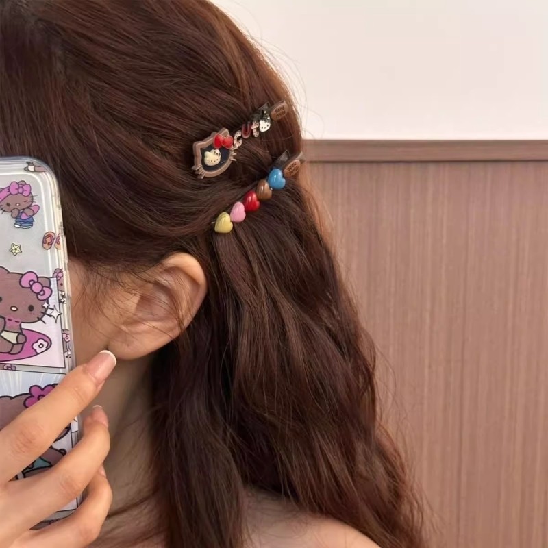 撞色AB款爱心发夹复古彩色多巴胺kt猫女侧边夹刘海夹子发卡发饰