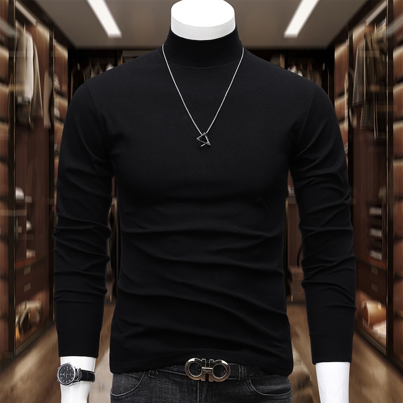 德绒保暖内衣加绒加厚内搭男士打底衫半高领中年长袖t恤毛衣黑色