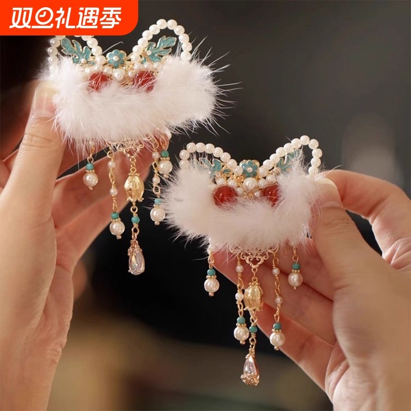 毛绒过年汉服儿童拜年蝴蝶结前额新年边夹古风珍珠红色头饰流苏