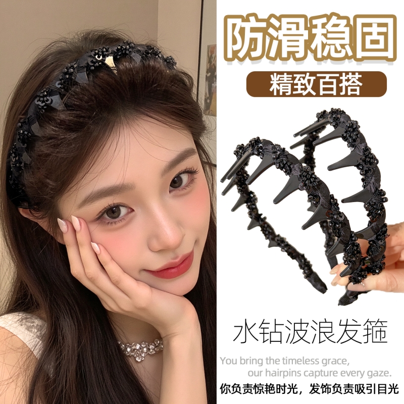高颅顶蓬松发箍带齿防滑波浪发卡女款高级感时尚洋气串珠头箍头饰