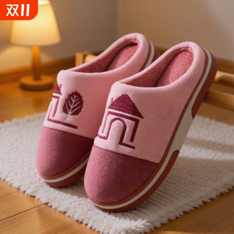 新款棉拖鞋女冬秋季家居室内软底防滑保暖男士毛绒棉托鞋红色耐磨