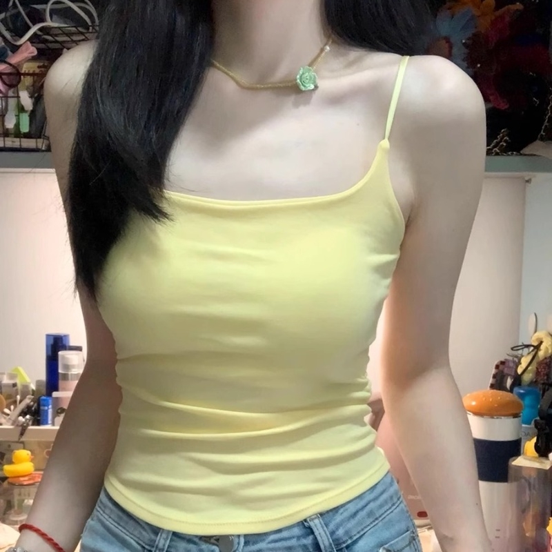 奶黄色带胸垫可调节吊带背心女春夏外穿美背内搭短款上衣百搭固定