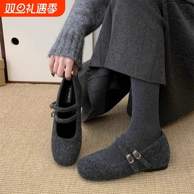 内增高玛丽珍毛毛鞋女冬外穿新款法式灰色呢子单鞋女厚底加绒棉鞋