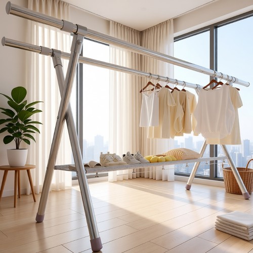 不锈钢晾衣架落地折叠室内外晒衣架双杆阳台挂衣架X型简易晾衣杆