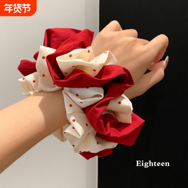韩系重工红色波点大肠发圈女慵懒风丸子头超大号百搭头花发饰头绳