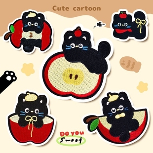 苹果猫自粘刺绣装 饰补丁贴儿童布贴衣服羽绒服修补破洞无痕免缝