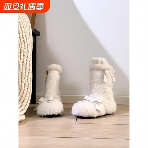 时尚气质白色蝴蝶结毛毛短靴2025年新款女加绒保暖百搭雪地靴冬季
