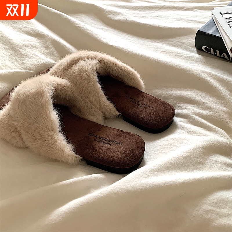 金屿鹿气质~ins仙女风交叉毛毛拖鞋女秋冬外穿网红时尚棉拖平底