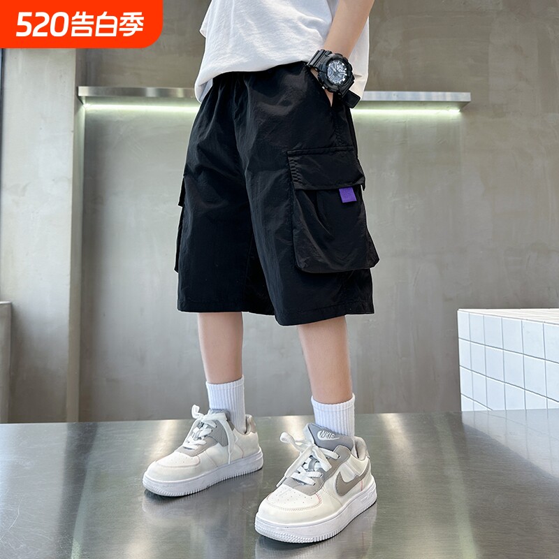 男童短裤儿童夏季2025新款外穿裤子中大童男孩工装五分裤白色黑色