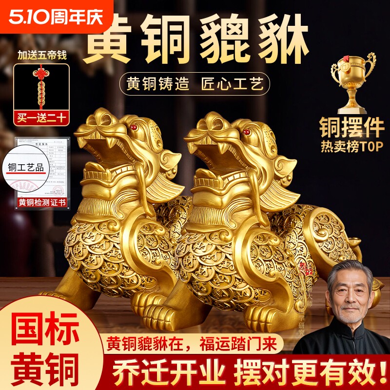 铜貔貅招财摆件客厅聚财旺财纯铜公母一对皮丘客厅貔犰办公室店铺