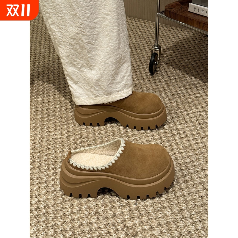 贾不假勃肯鞋女款2025新款秋季加绒厚底增高防滑棉拖鞋包头半拖鞋