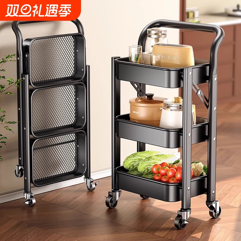 多巴胺小推车置物架多层可折叠厨房移动落地零食收纳架子房间客厅