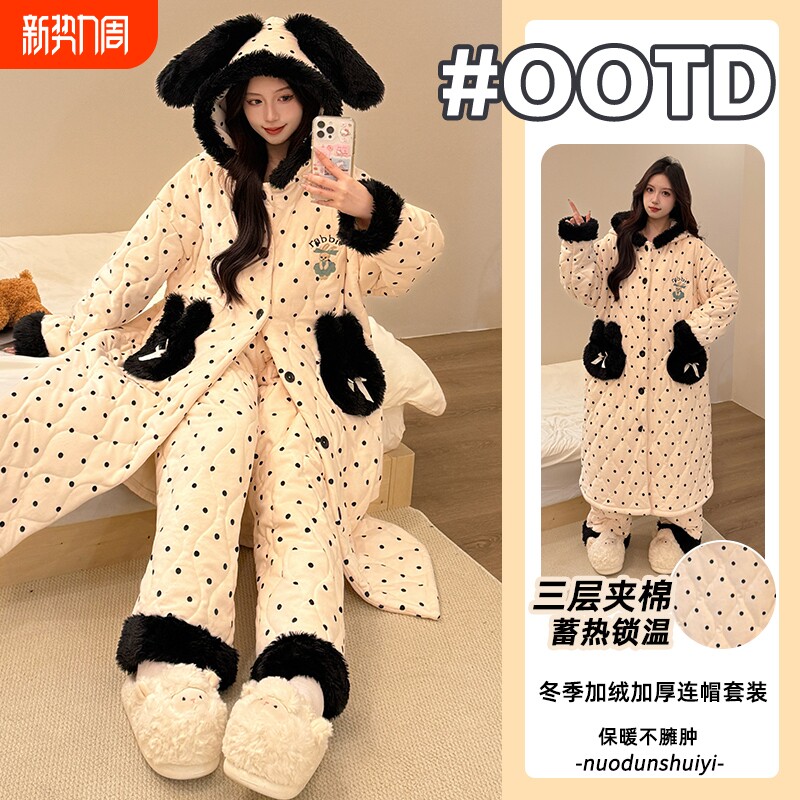冬季波点兔耳朵睡袍女三层夹棉加绒加厚睡衣女士可外穿长款家居服